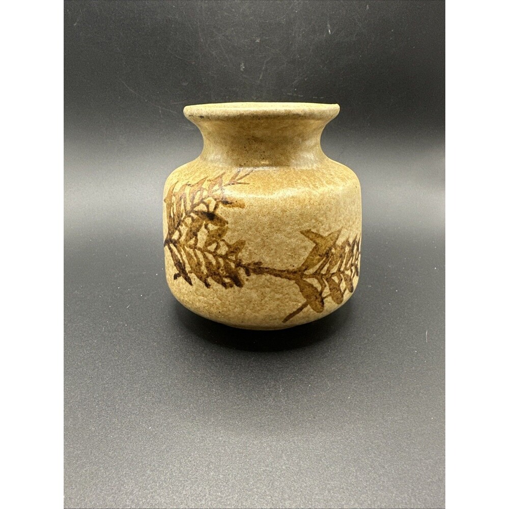 Vintage Robert Maxwell Pottery Craft USA MCM Brown Beige Fern Print Round Vase